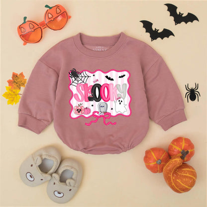 Pink Spooky Halloween Baby Girl Romper, Bubble Bodysuit with Spider Web, Bats & Pumpkins, Cute First Halloween Gift for Toddler