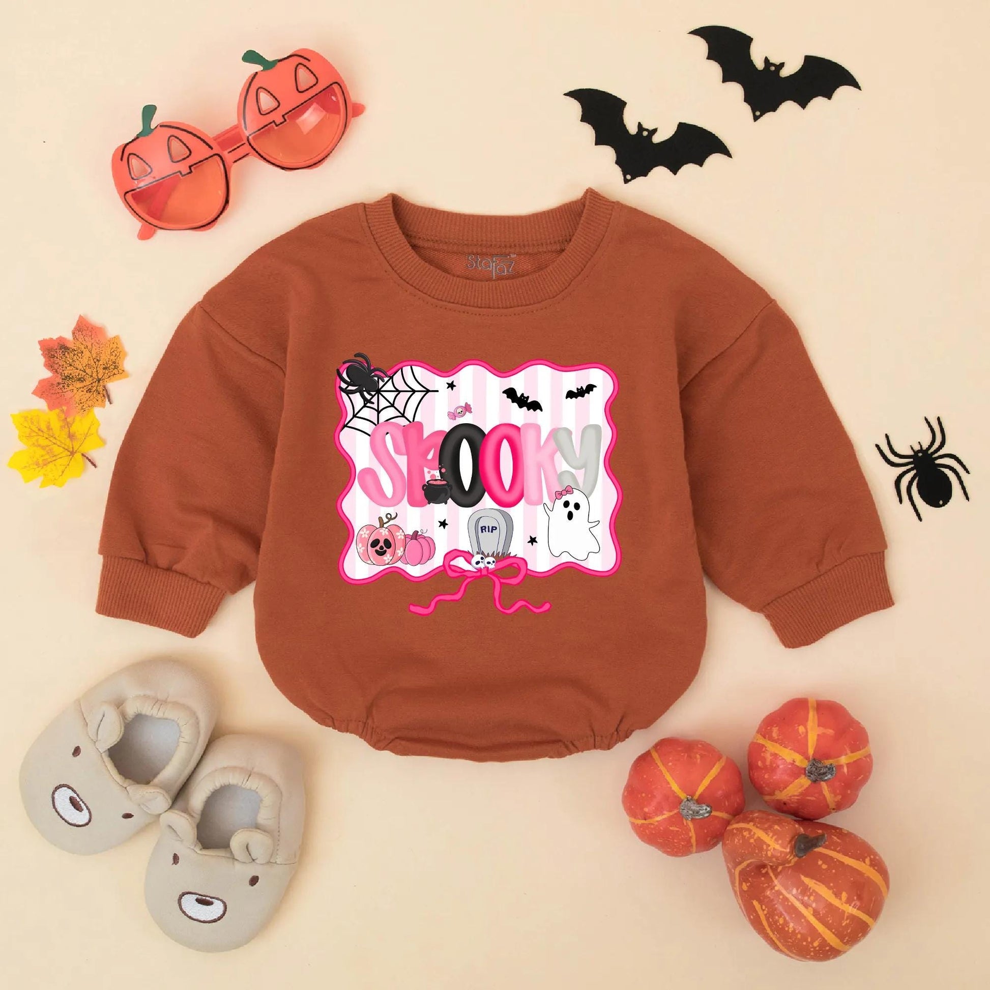 Pink Spooky Halloween Baby Girl Romper, Bubble Bodysuit with Spider Web, Bats & Pumpkins, Cute First Halloween Gift for Toddler