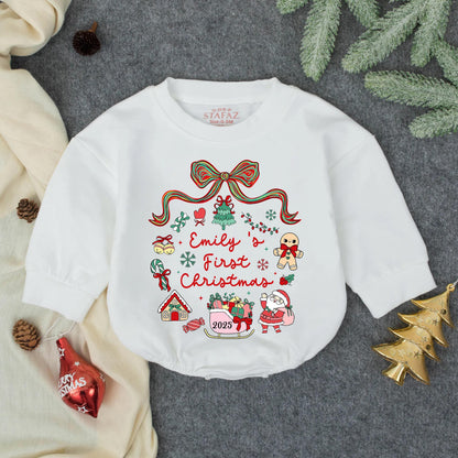 Emily's First Christmas Personalized Baby Bubble Romper Holiday Outfit Red Green Gingerbread Claus Sleigh Festive Fun