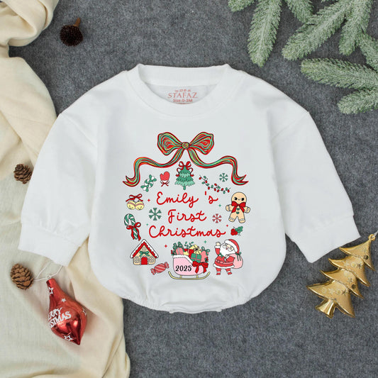 Emily's First Christmas Personalized Baby Bubble Romper Holiday Outfit Red Green Gingerbread Claus Sleigh Festive Fun