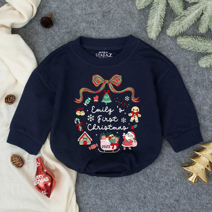 Emily's First Christmas Personalized Baby Bubble Romper Holiday Outfit Red Green Gingerbread Claus Sleigh Festive Fun