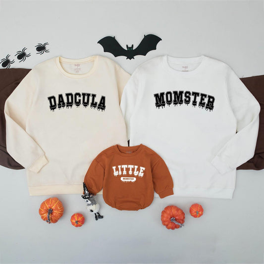 Matching Family Halloween Sweatshirts: Dadcula, Momster, & Little Monster! Spooky Collegiate Style Shirts for a Fun, Festive Family Costume, Comfy & Playful