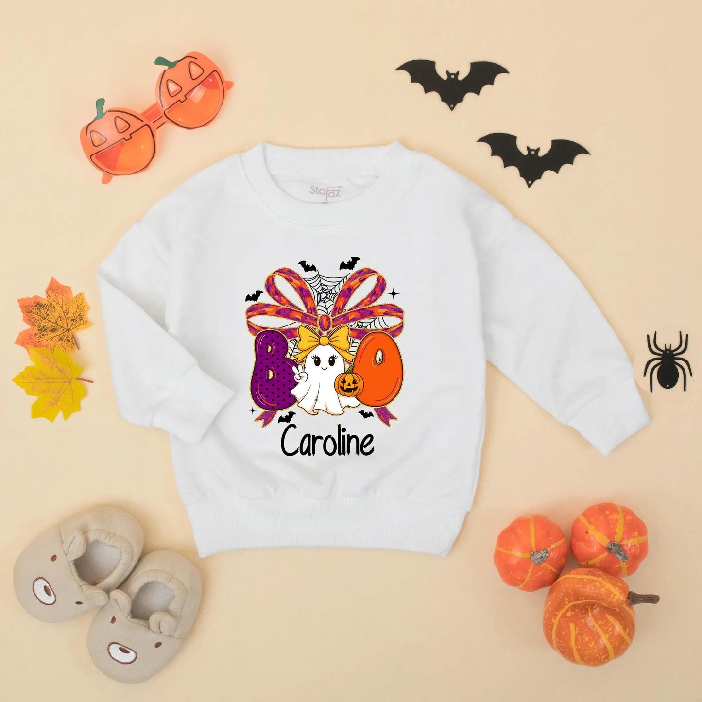 Personalized Halloween Baby Girl Romper 'Caroline' Boo Ghost Pumpkin Design Spooky Outfit Fall Baby Gift Idea 1st Halloween