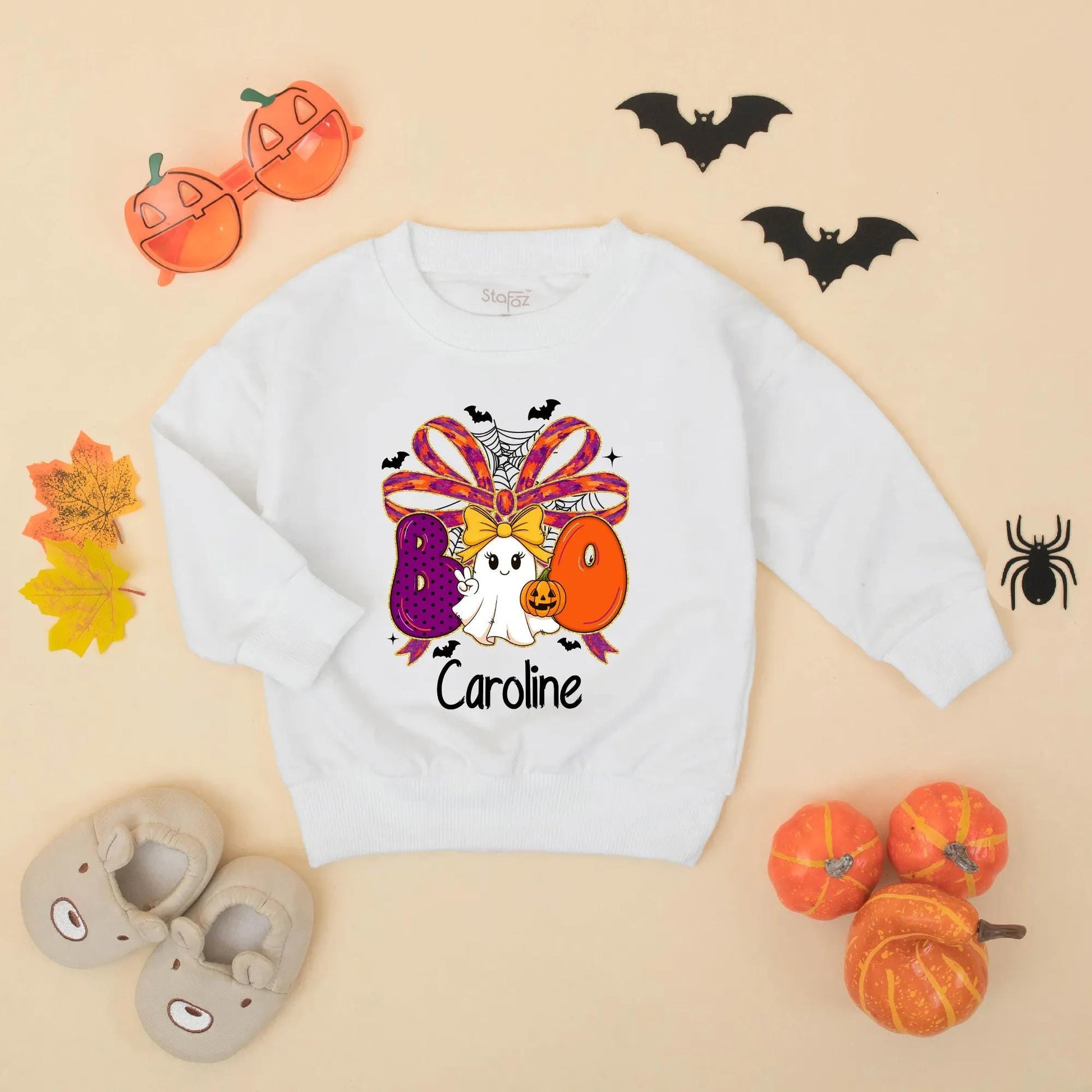 Personalized Halloween Baby Girl Romper 'Caroline' Boo Ghost Pumpkin Design Spooky Outfit Fall Baby Gift Idea 1st Halloween