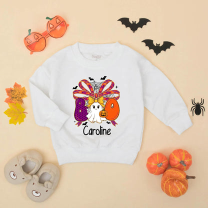 Personalized Halloween Baby Girl Romper 'Caroline' Boo Ghost Pumpkin Design Spooky Outfit Fall Baby Gift Idea 1st Halloween