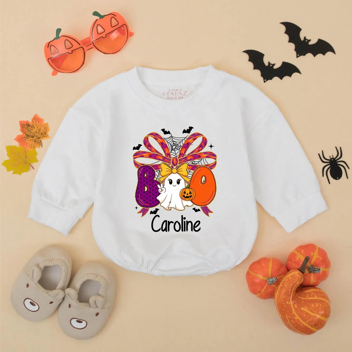 Personalized Halloween Baby Girl Romper 'Caroline' Boo Ghost Pumpkin Design Spooky Outfit Fall Baby Gift Idea 1st Halloween