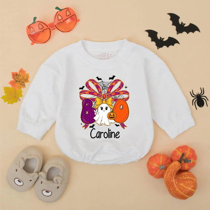 Personalized Halloween Baby Girl Romper 'Caroline' Boo Ghost Pumpkin Design Spooky Outfit Fall Baby Gift Idea 1st Halloween