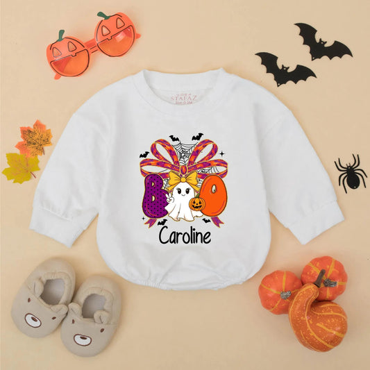 Personalized Halloween Baby Girl Romper 'Caroline' Boo Ghost Pumpkin Design Spooky Outfit Fall Baby Gift Idea 1st Halloween