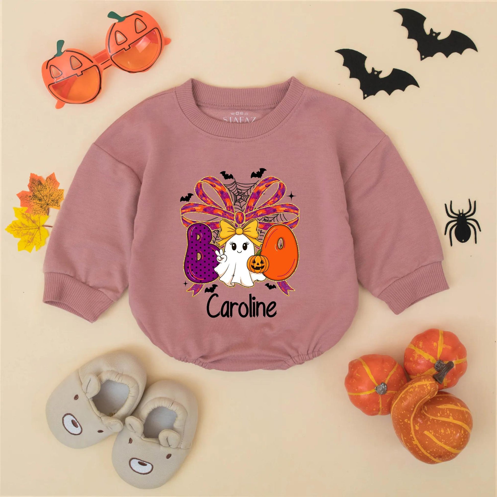 Personalized Halloween Baby Girl Romper 'Caroline' Boo Ghost Pumpkin Design Spooky Outfit Fall Baby Gift Idea 1st Halloween