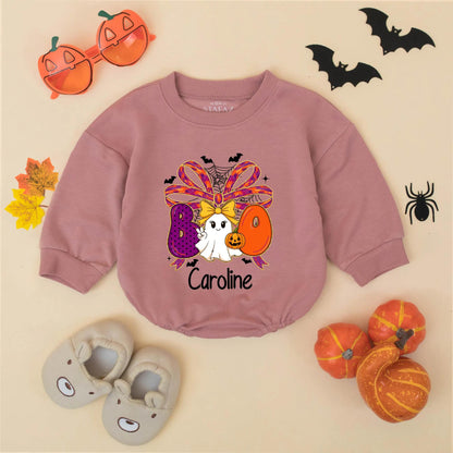 Personalized Halloween Baby Girl Romper 'Caroline' Boo Ghost Pumpkin Design Spooky Outfit Fall Baby Gift Idea 1st Halloween