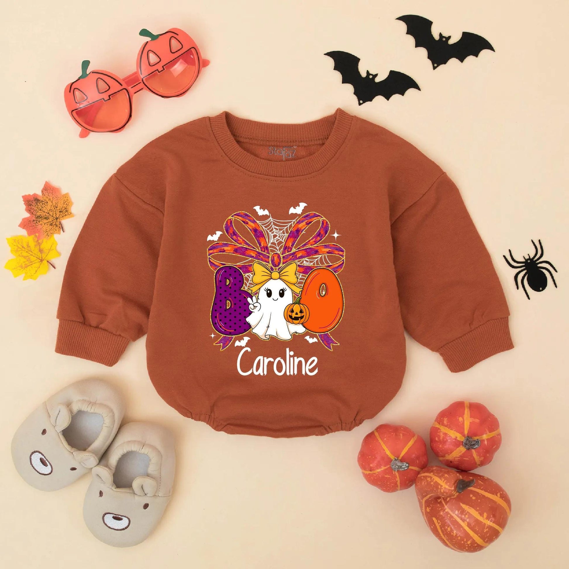 Personalized Halloween Baby Girl Romper 'Caroline' Boo Ghost Pumpkin Design Spooky Outfit Fall Baby Gift Idea 1st Halloween