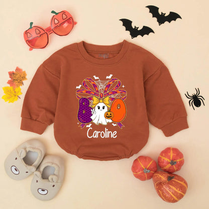 Personalized Halloween Baby Girl Romper 'Caroline' Boo Ghost Pumpkin Design Spooky Outfit Fall Baby Gift Idea 1st Halloween