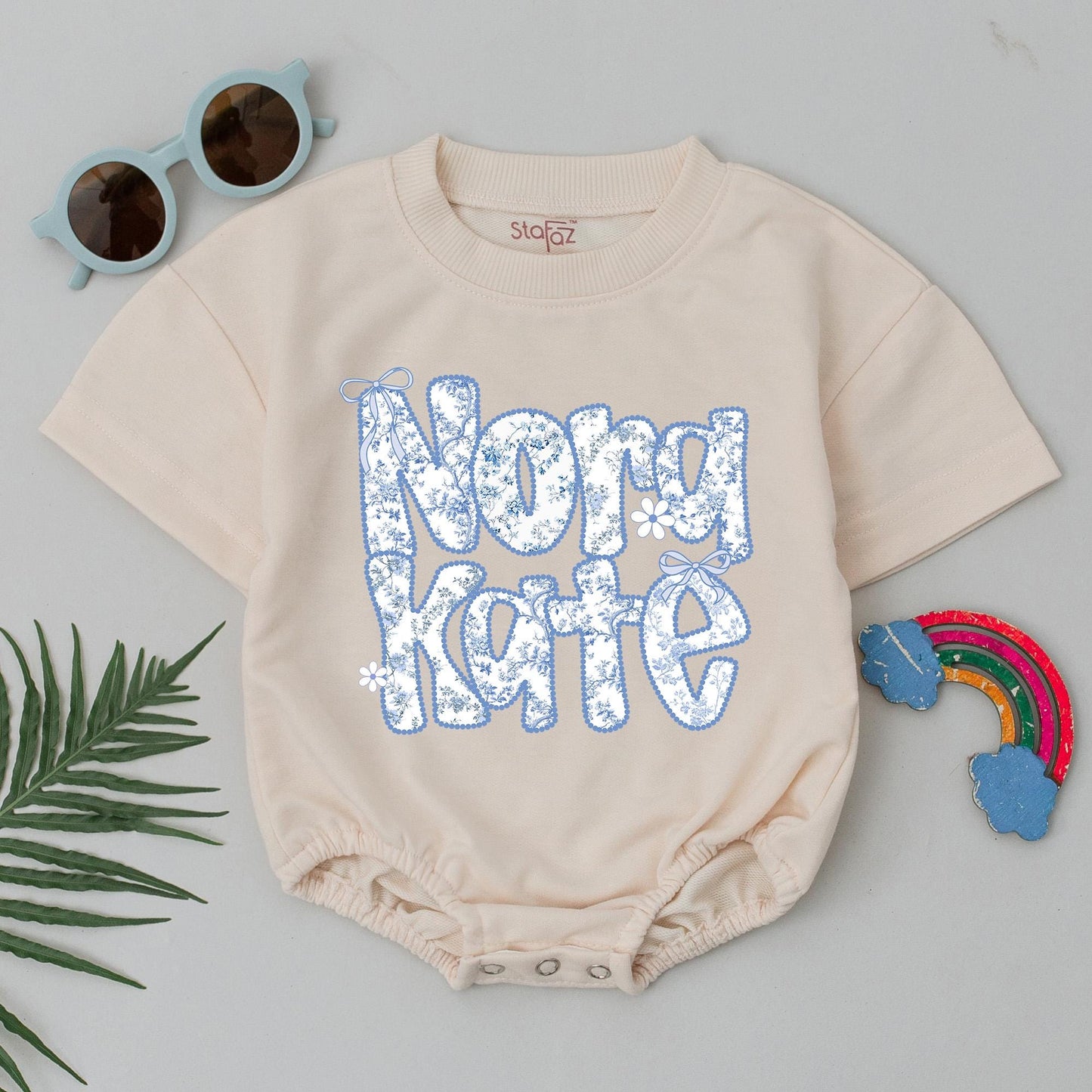 Nora Kate Baby Bubble Romper Blue Chinoiserie Floral Bodysuit Personalized Birthday Outfit Cute Floral Baby Shower Gift