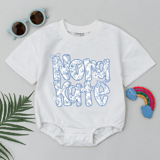 Nora Kate Baby Bubble Romper Blue Chinoiserie Floral Bodysuit Personalized Birthday Outfit Cute Floral Baby Shower Gift