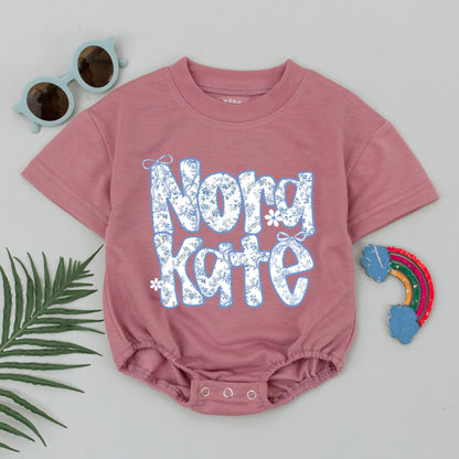 Nora Kate Baby Bubble Romper Blue Chinoiserie Floral Bodysuit Personalized Birthday Outfit Cute Floral Baby Shower Gift