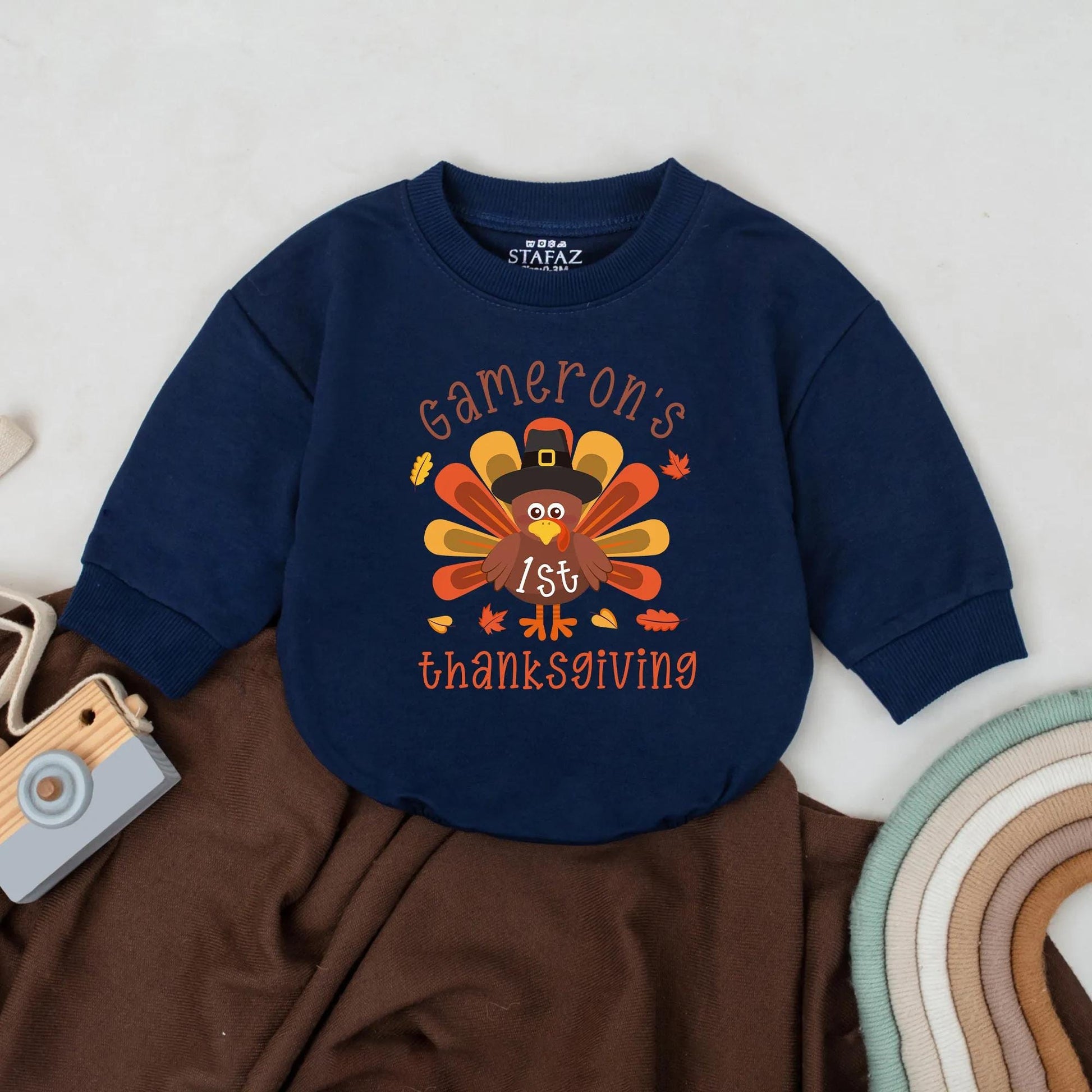 Gameron's First Thanksgiving Little Turkey Bubble Romper Cute Cartoon Baby Outfit Retro Fall Leaves Natural Whimsical Infant Clothes