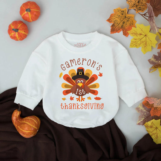 Gameron's First Thanksgiving Little Turkey Bubble Romper Cute Cartoon Baby Outfit Retro Fall Leaves Natural Whimsical Infant Clothes