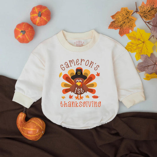 Gameron's First Thanksgiving Little Turkey Bubble Romper Cute Cartoon Baby Outfit Retro Fall Leaves Natural Whimsical Infant Clothes