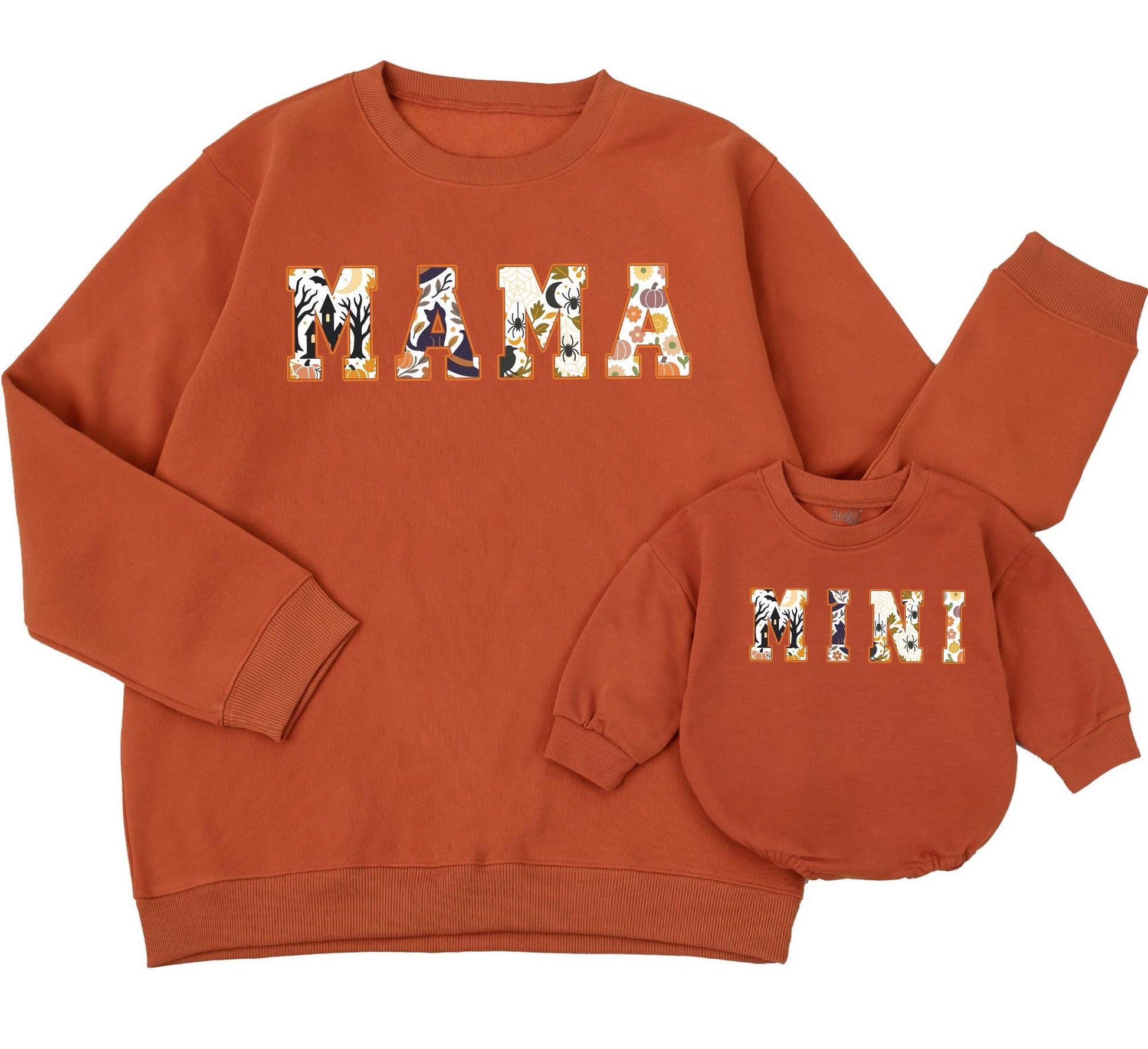 Matching Mama & Mini Halloween Sweatshirts, Retro Vintage Fall Outfits, Mom & Girl Matching Sweaters, Orange & Black