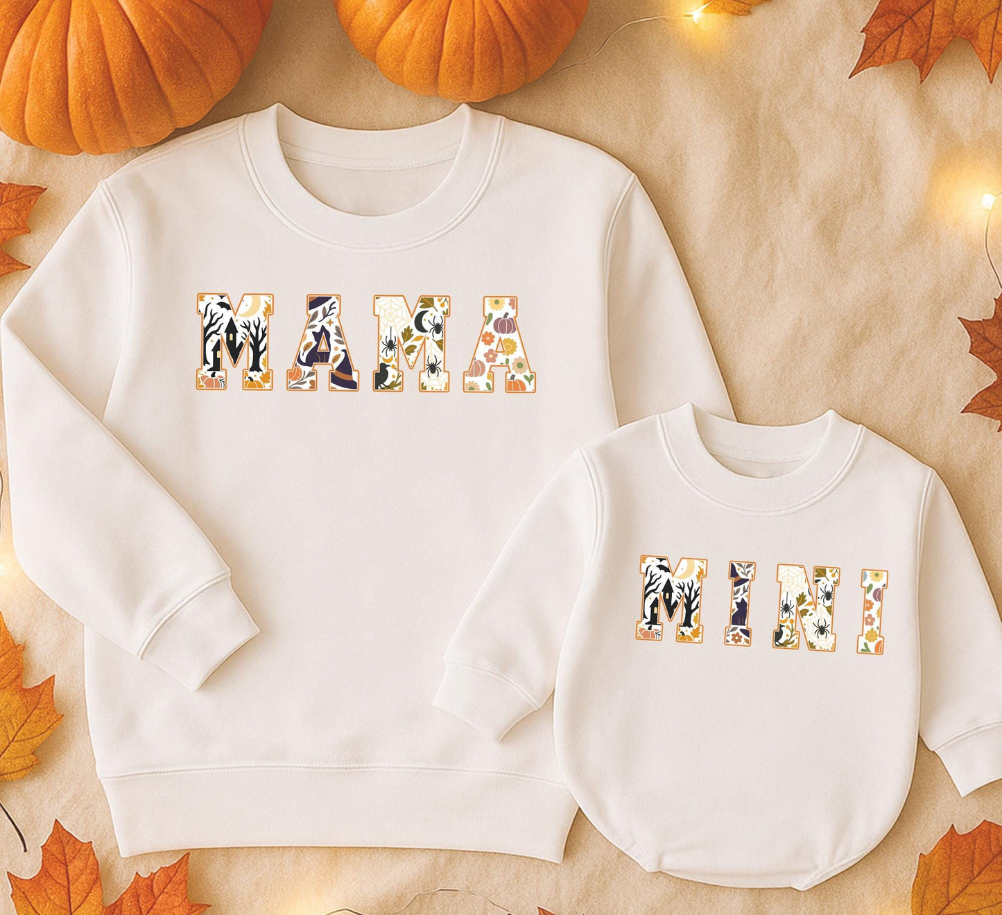 Matching Mama & Mini Halloween Sweatshirts, Retro Vintage Fall Outfits, Mom & Girl Matching Sweaters, Orange & Black
