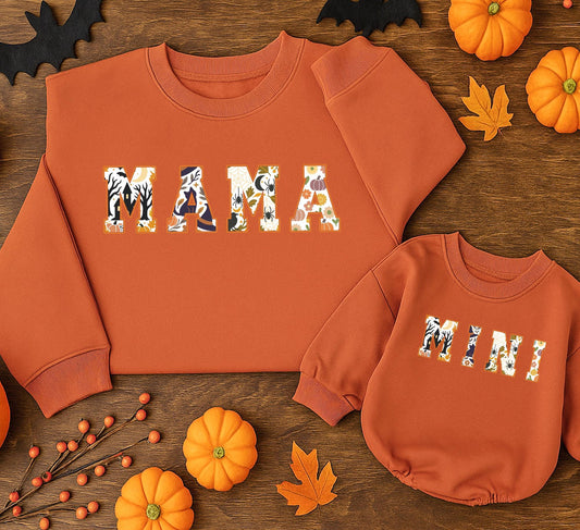 Matching Mama & Mini Halloween Sweatshirts, Retro Vintage Fall Outfits, Mom & Girl Matching Sweaters, Orange & Black