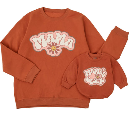 Retro Mama and Me Matching Sweatshirts Groovy 70s Style, Mama's Bestie Outfit with Flower, Soft Cotton, Comfortable Mother Daughter Gift