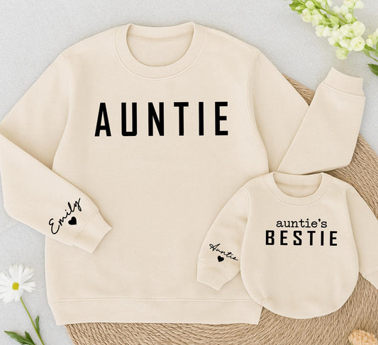 Personalized Auntie Bestie Matching Sweatshirts for Aunt Niece Nephew featuring bold AUNTIE custom Emily heart sleeve Modern Family Gift