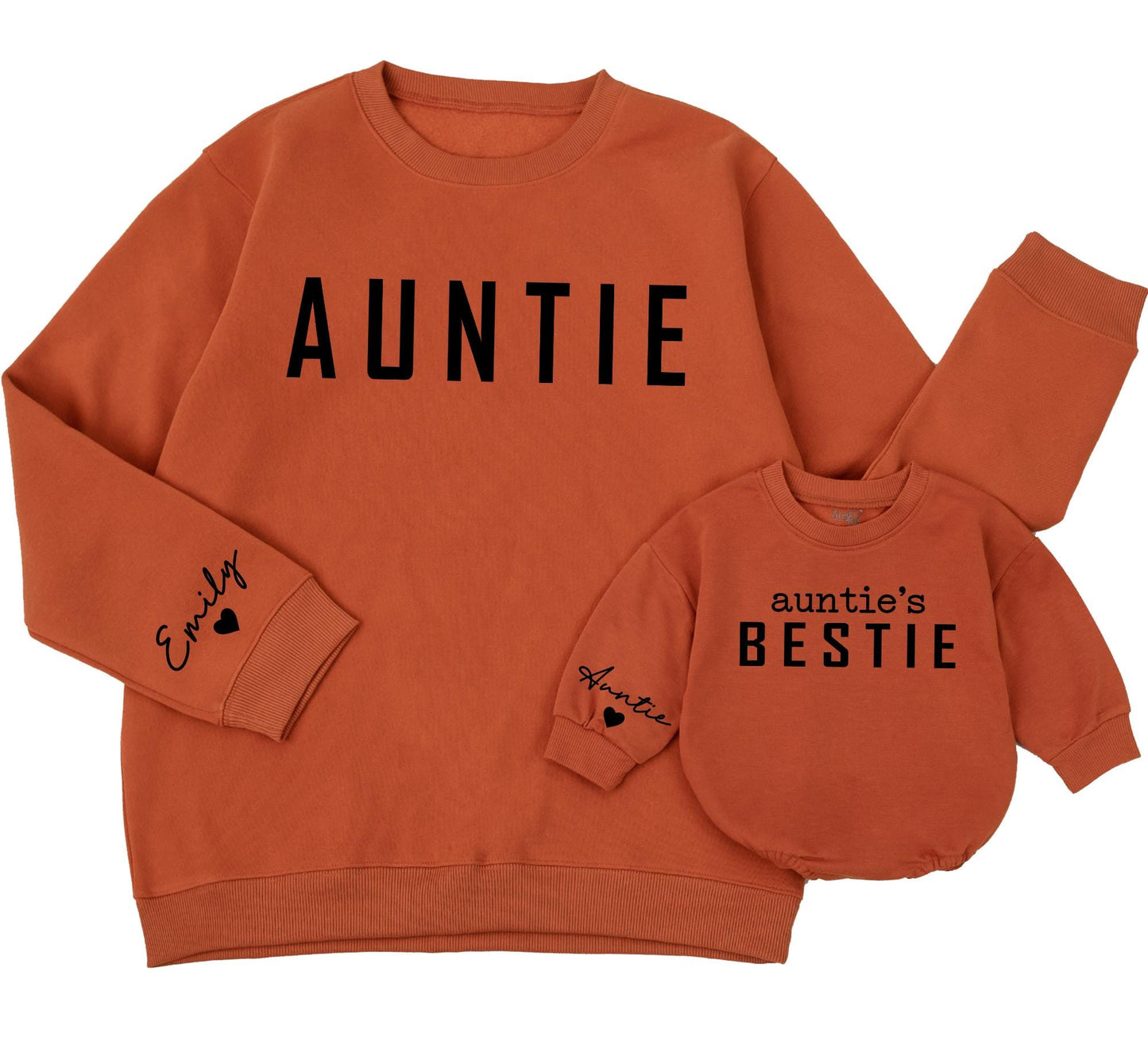 Personalized Auntie Bestie Matching Sweatshirts for Aunt Niece Nephew featuring bold AUNTIE custom Emily heart sleeve Modern Family Gift
