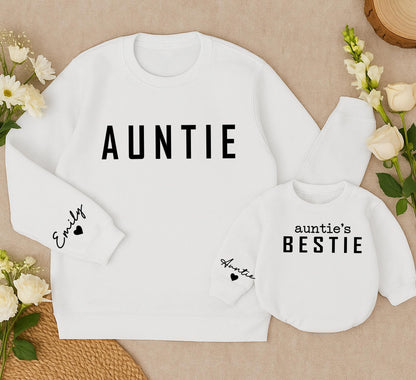 Personalized Auntie Bestie Matching Sweatshirts for Aunt Niece Nephew featuring bold AUNTIE custom Emily heart sleeve Modern Family Gift
