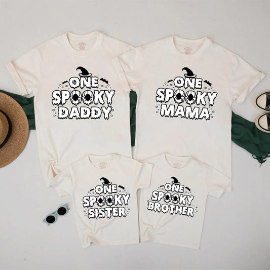 One Spooky Family Matching Halloween Shirts for Mama Dada Sister Brother with Witch Hat Bat Spider Dripping Creepy Cute Fall Outfits