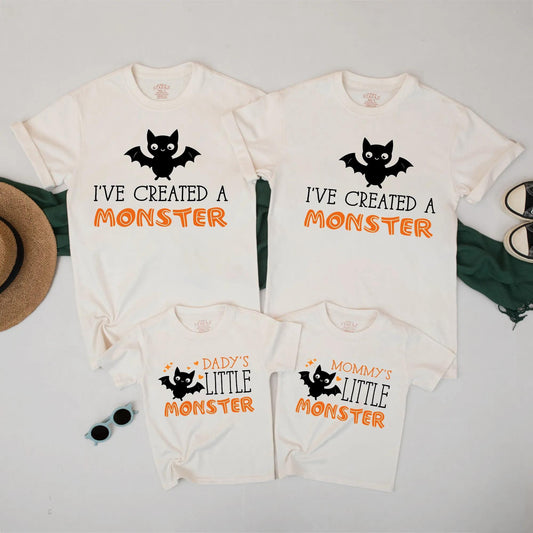 Daddy Mommy Little Monster Bat Family Matching Halloween Costume Shirts Spooky Cute Monster Halloween Outfit for Kids Parents