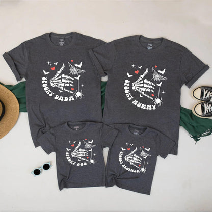 Matching Family Halloween Shirts Spooky Skeleton Hand Bat Spider Retro Tee Set Cute Fall Ghost Outfit for Dad Mom Kids Brother