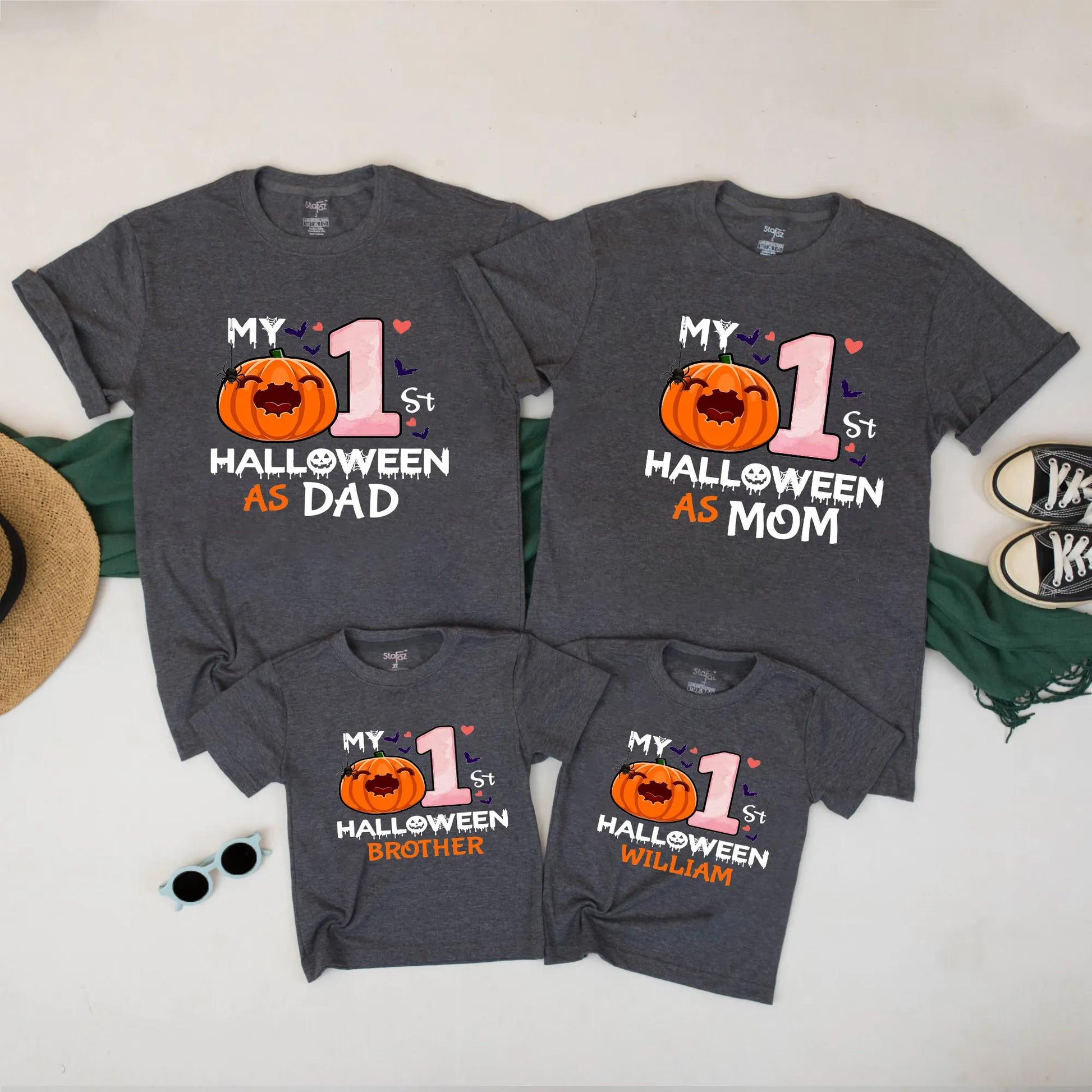 My 1st Halloween Matching Family Shirts Custom Pumpkin Ghost Design for Mom Dad Brother Baby Pink Gradient Hearts Bat Accents Fall Celebratory Outfit