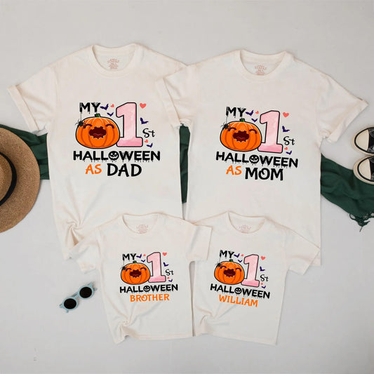 My 1st Halloween Matching Family Shirts Custom Pumpkin Ghost Design for Mom Dad Brother Baby Pink Gradient Hearts Bat Accents Fall Celebratory Outfit