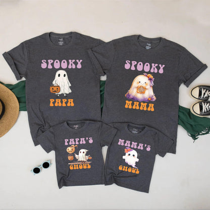 Matching Spooky Halloween Family Shirts, Papa Mama Ghoul Ghost Pumpkin Tees, Orange, White, Purple Vintage Outfits