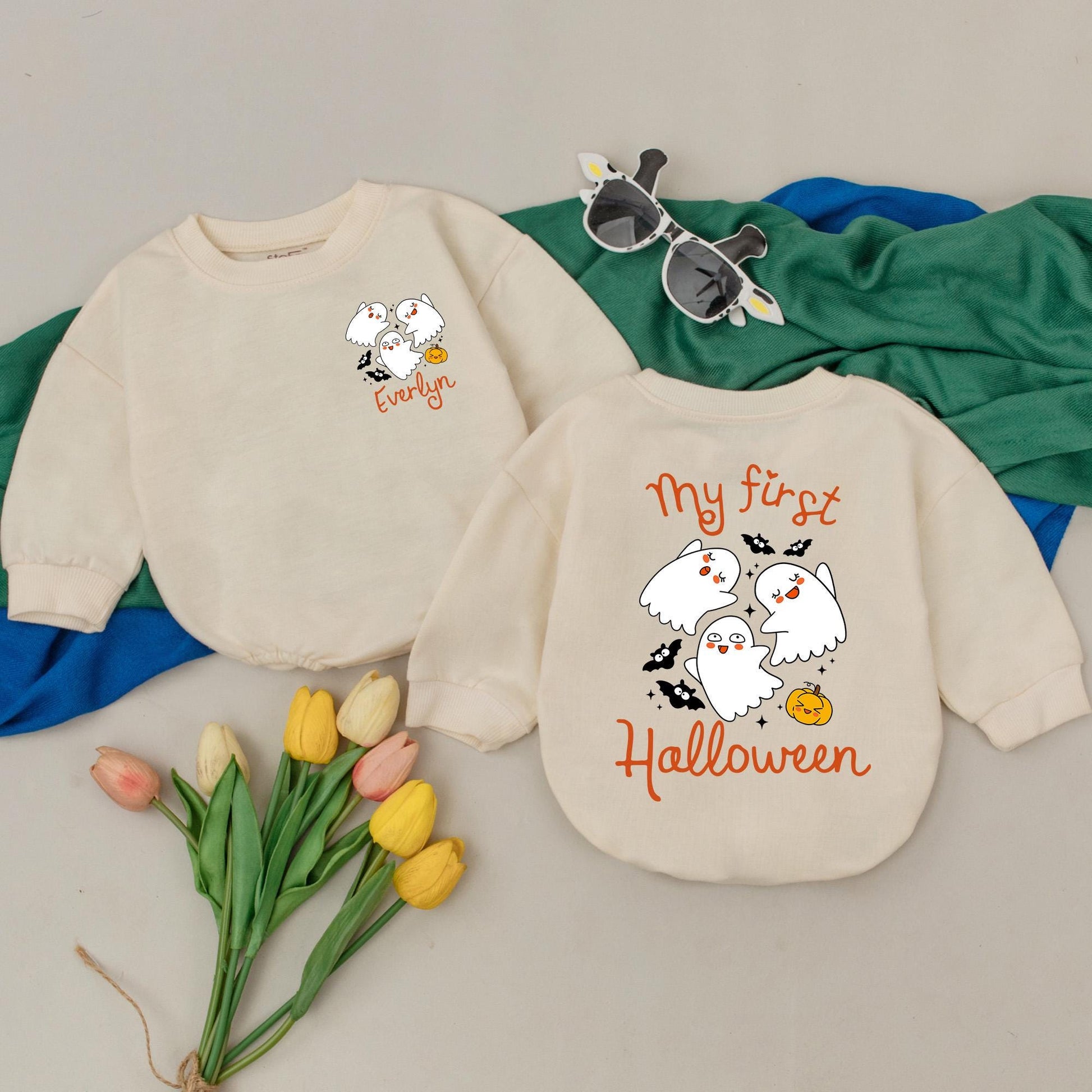 Personalized My First Halloween Romper, Spooky Cute Ghost Bat Pumpkin Bodysuit, Custom Baby Boy Outfit, One Spooky Dude Gift, Fall Outfit 1st Halloween (139)