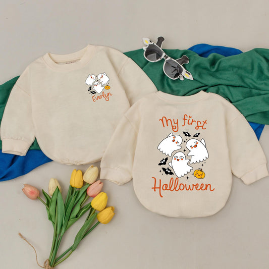 Personalized My First Halloween Romper, Spooky Cute Ghost Bat Pumpkin Bodysuit, Custom Baby Boy Outfit, One Spooky Dude Gift, Fall Outfit 1st Halloween (139)