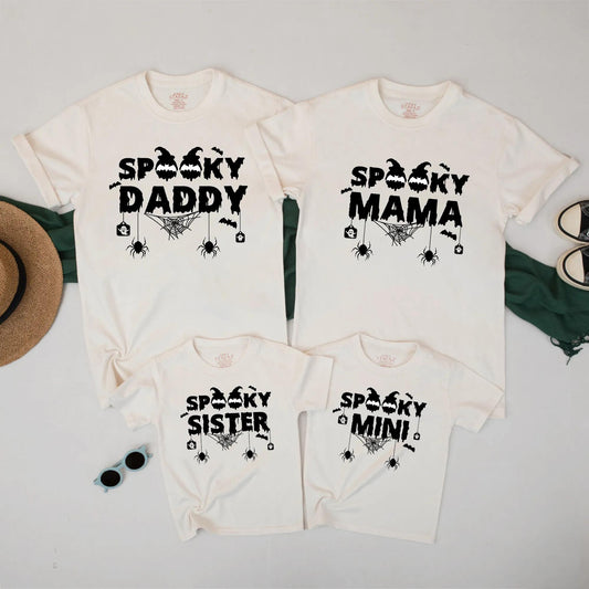 Spooky Family Halloween Shirts - Matching Ghost Bat Tee for Mom Dad Kids - Cute Cartoon Outfit Idea with Witch Pumpkins & Dripping Text - Fall Apparel 138 chars