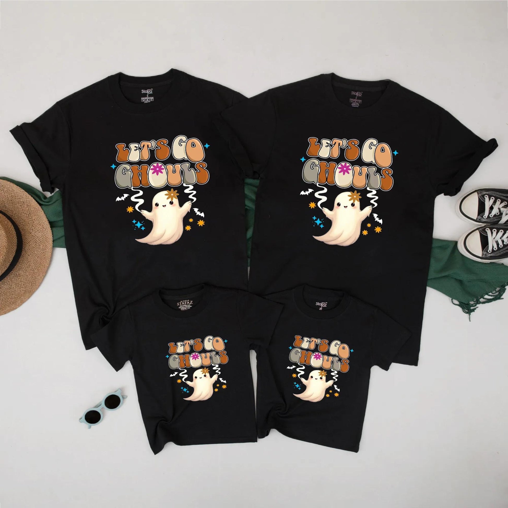 Matching Family Halloween Shirts 'Let's Go Ghouls' Retro Ghost Tee for Mom Dad Kids Fall Outfit Cute Autumn Costume
