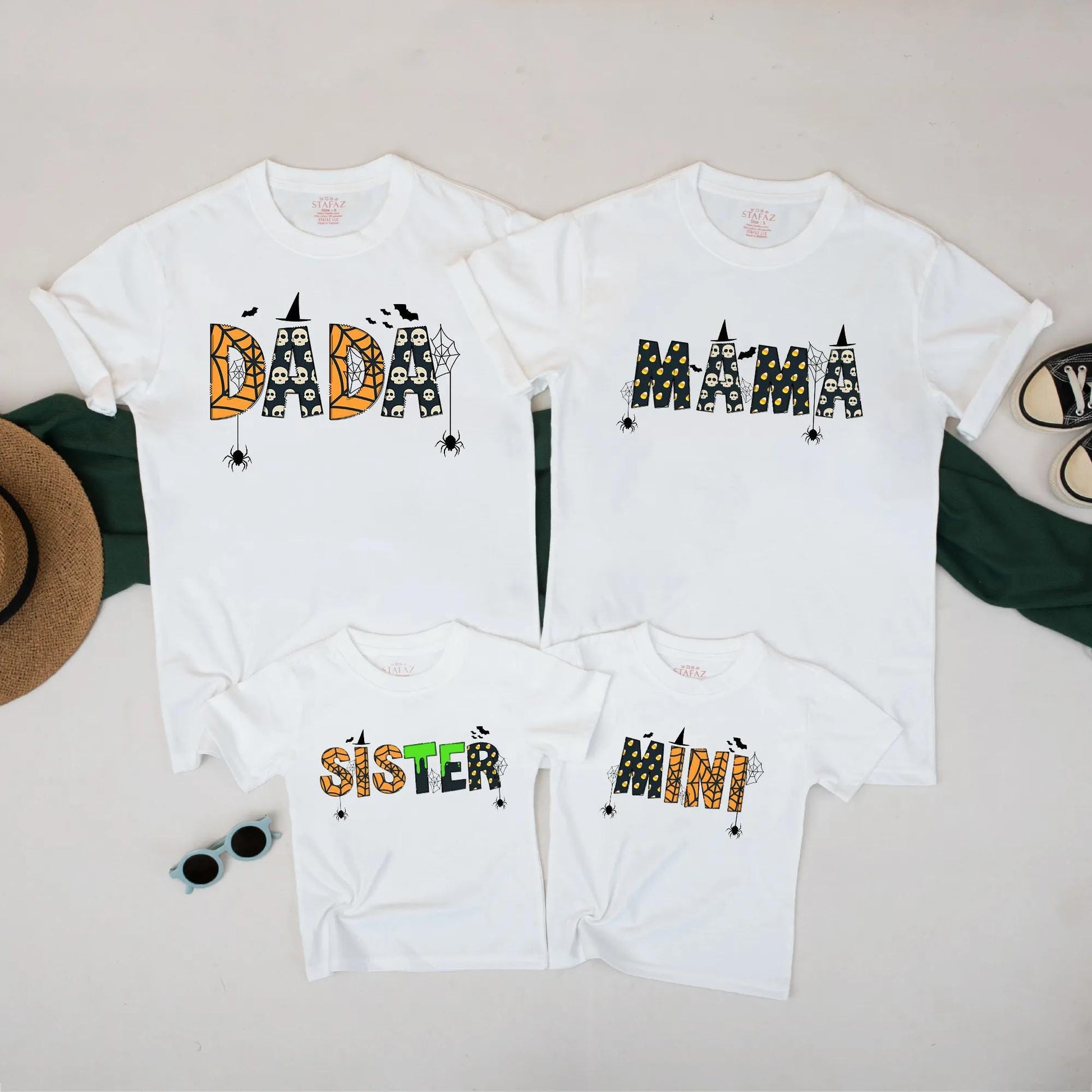 Cute Spooky Matching Family Halloween T-Shirts for Mom Dad Sister Mini Personalized with Bats Skulls Polka Dots and Spiderwebs