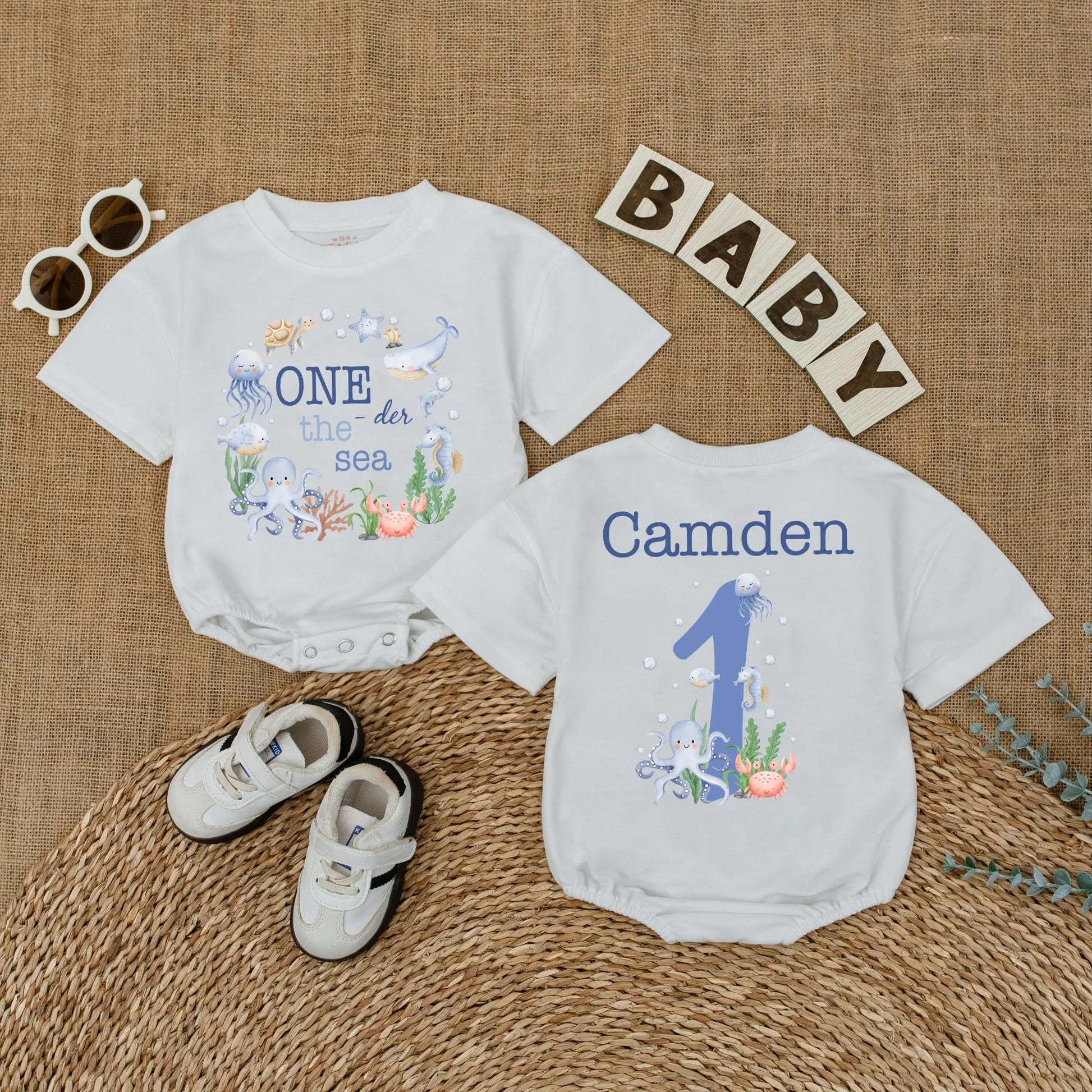 Personalized One the Sea Birthday Romper Ocean Theme First Birthday Bubble Outfit for Boys Girls Under the Sea Party Celebration
