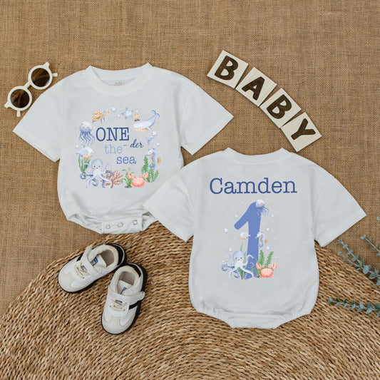 Personalized One the Sea Birthday Romper Ocean Theme First Birthday Bubble Outfit for Boys Girls Under the Sea Party Celebration