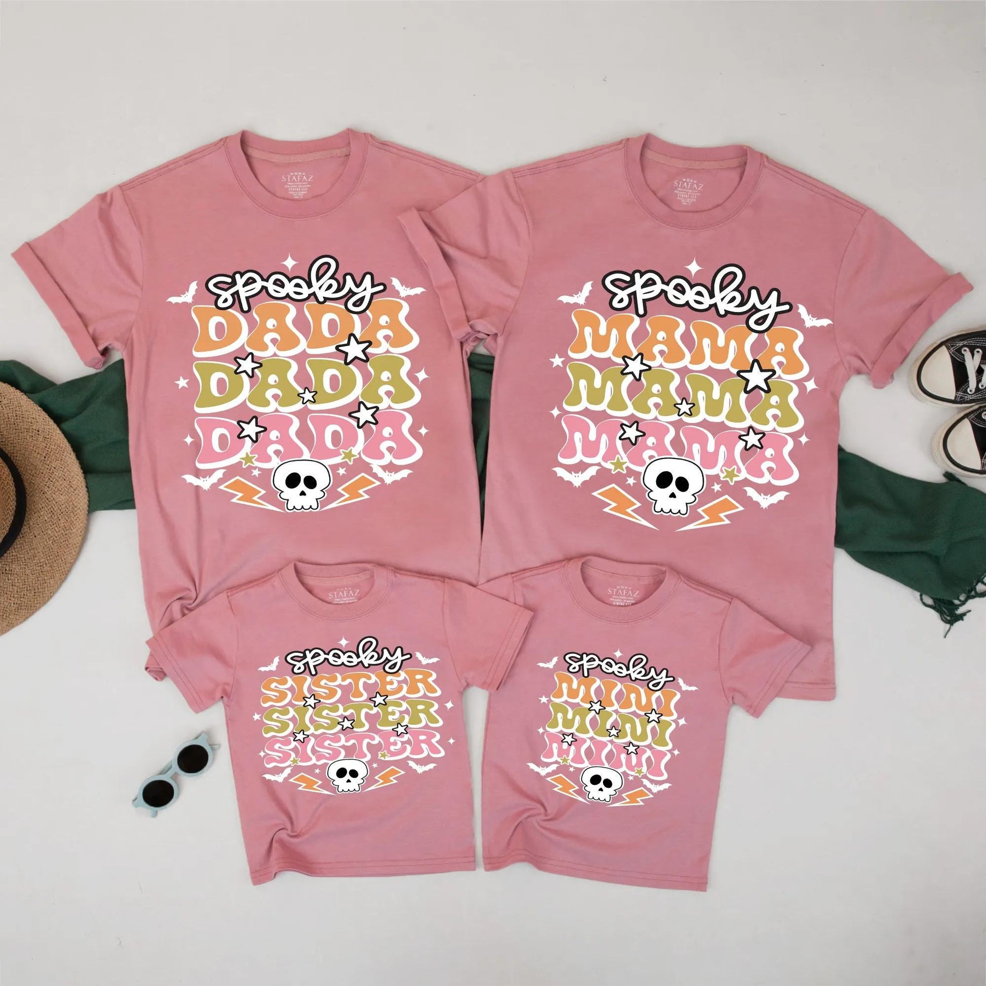 Spooky Family Halloween Shirts – Retro Mama Dada Mini Sister Matching Outfit, Cute Skulls Bats Tee Set - Orange Green Pink Fall TShirt Collection