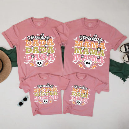 Spooky Family Halloween Shirts – Retro Mama Dada Mini Sister Matching Outfit, Cute Skulls Bats Tee Set - Orange Green Pink Fall TShirt Collection