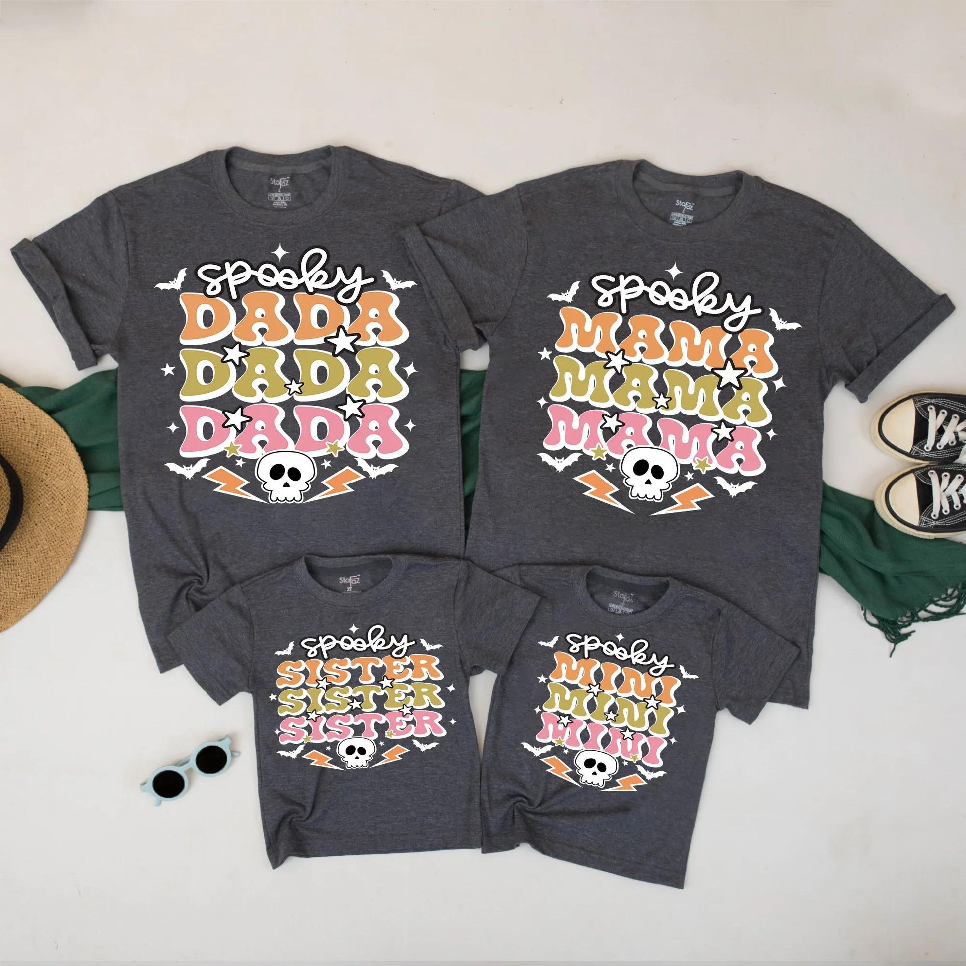 Spooky Family Halloween Shirts – Retro Mama Dada Mini Sister Matching Outfit, Cute Skulls Bats Tee Set - Orange Green Pink Fall TShirt Collection