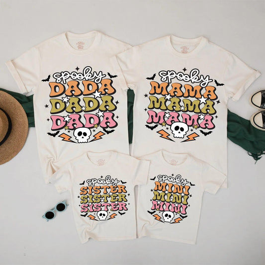 Spooky Family Halloween Shirts – Retro Mama Dada Mini Sister Matching Outfit, Cute Skulls Bats Tee Set - Orange Green Pink Fall TShirt Collection
