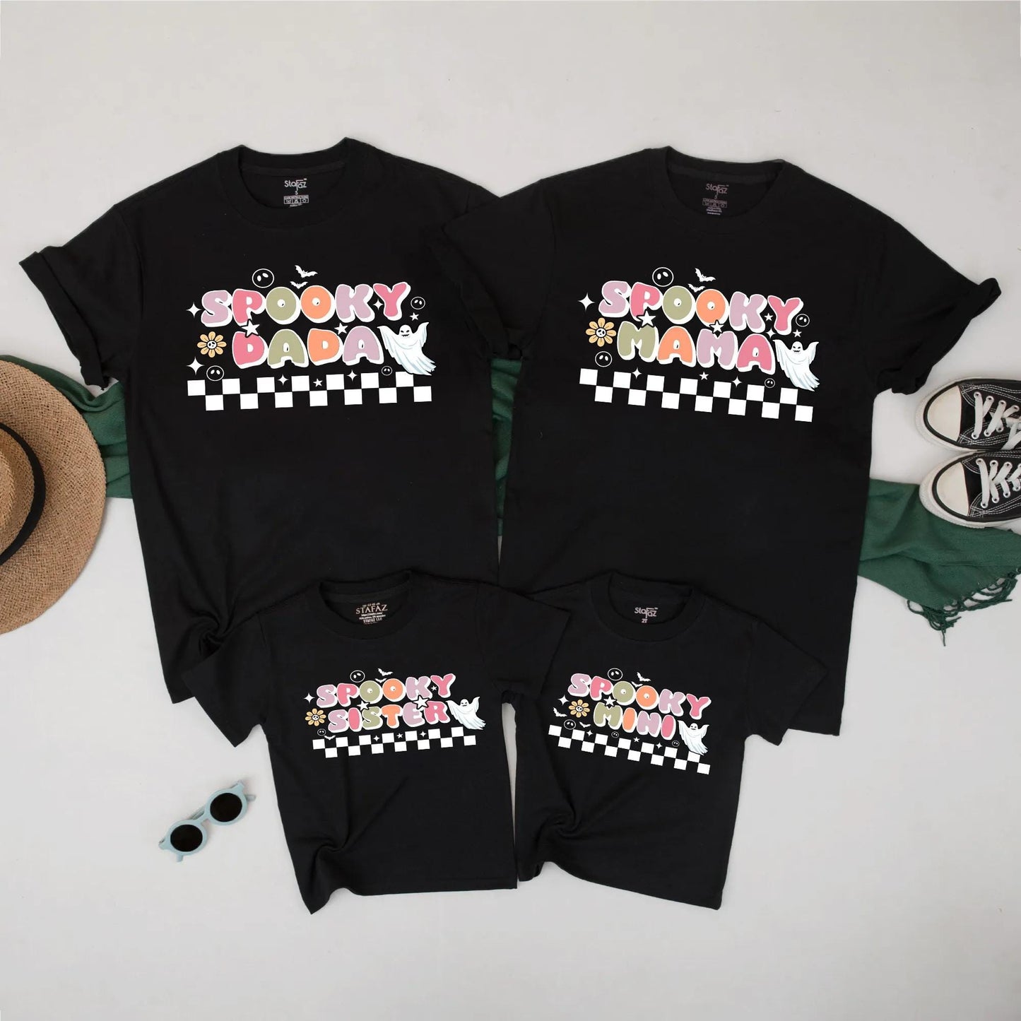 Spooky Family Matching Halloween Shirts Retro Ghost Checkerboard Design Mama Dada Mini Sister Pastel Fall Outfit Set Playful Vintage Tees