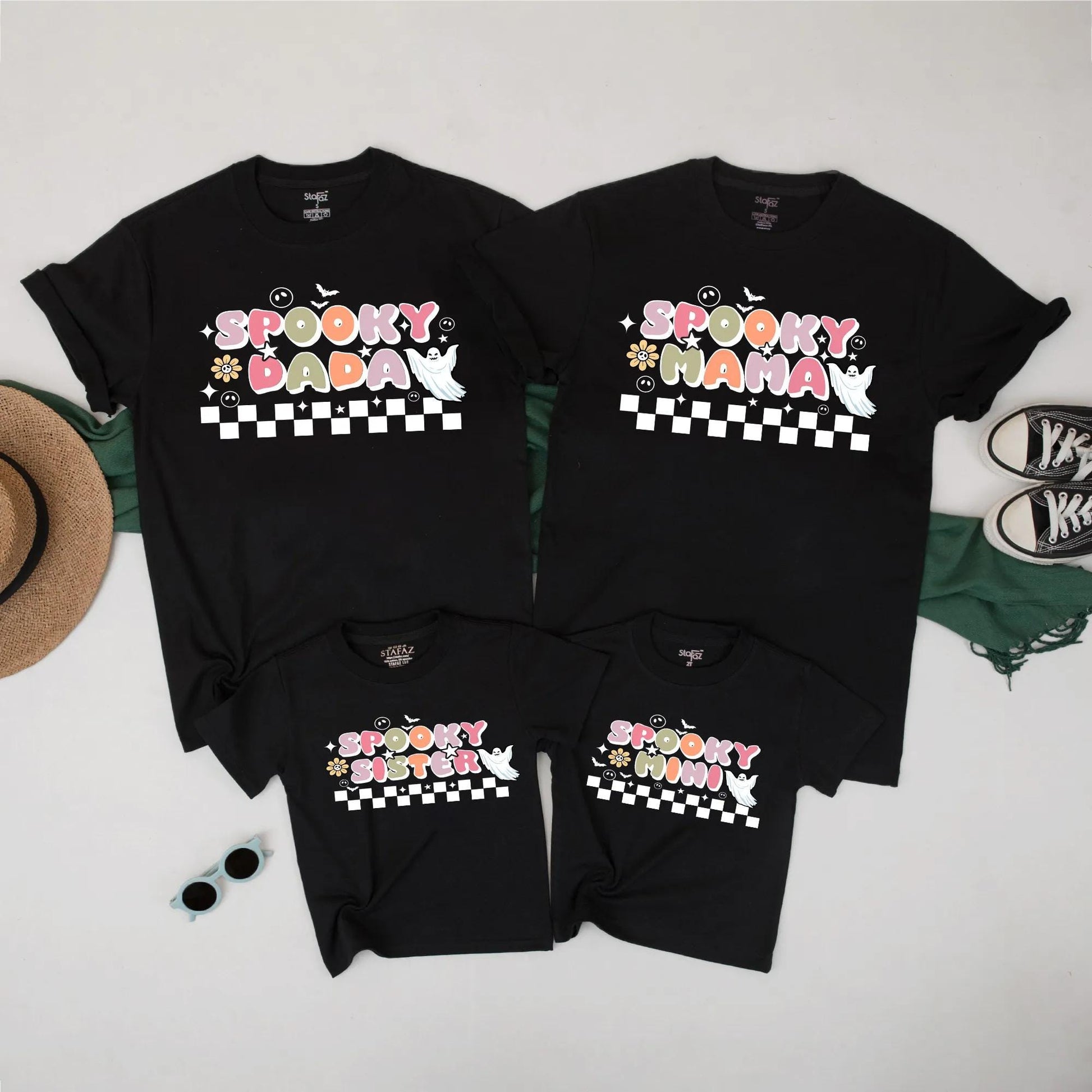 Spooky Family Matching Halloween Shirts Retro Ghost Checkerboard Design Mama Dada Mini Sister Pastel Fall Outfit Set Playful Vintage Tees