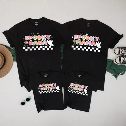Spooky Family Matching Halloween Shirts Retro Ghost Checkerboard Design Mama Dada Mini Sister Pastel Fall Outfit Set Playful Vintage Tees