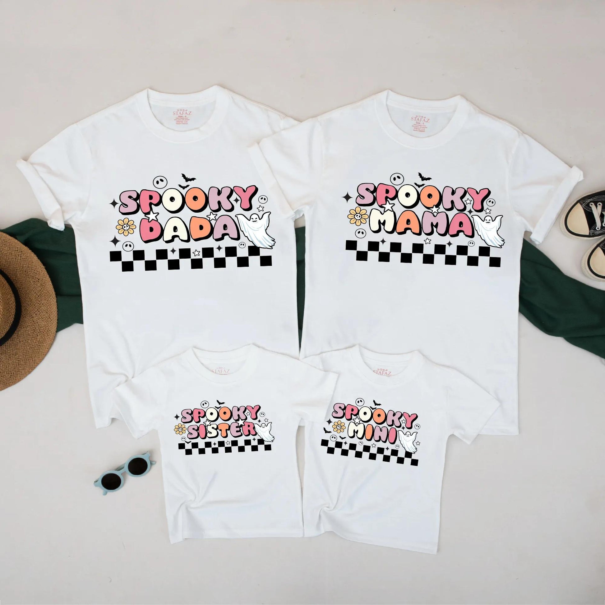Spooky Family Matching Halloween Shirts Retro Ghost Checkerboard Design Mama Dada Mini Sister Pastel Fall Outfit Set Playful Vintage Tees